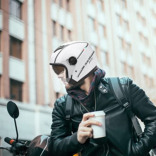 Lionciano Casco Semiaperto Adulto Con Doppia Visiera, Casco Moto Demi-Jet Moto Cross Casco Scooter Caschi Motorino Vintage, Piloto Urbano Helm(Bianco) - 5