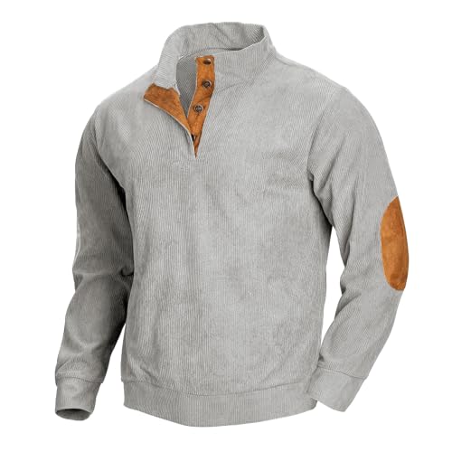 Mens Henley Long Sleeve Corduroy Sweatshirt Casual Elbow Patches Mock Neck Button Pullover Sweater