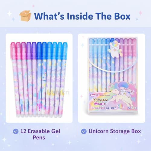 Image of 12 Pcs Unicoorn Theme Erasable Gel Pens Set for Kids & Students | 0.5mm Smooth Writing Blue Ink | Cute Kawaii School Stationery | Write Erase Rewrite Pens with Storage Box for School