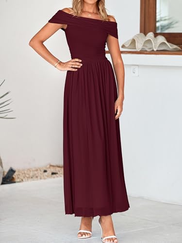 Image of MASCOMODA Women Off The Shoulder Mesh Maxi Dress Bodycon Ruched Formal Sleeveless Pleated Cocktail Wedding Guest Long Dresses
