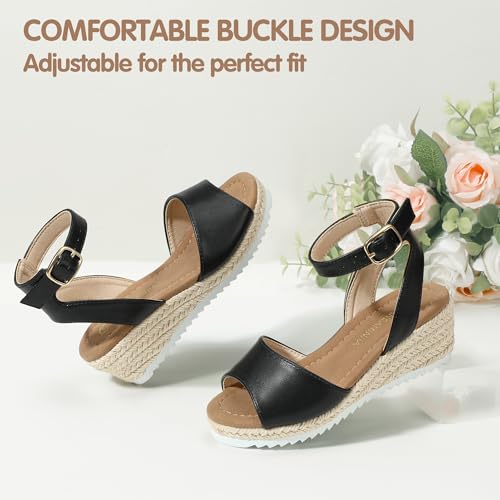 Image of PANDANINJIA Girls Wedge Sandals Espadrilles Platform Heels for Girls Dress Shoes Ankle Strap Little Big Kids Sandals Summer Shoes