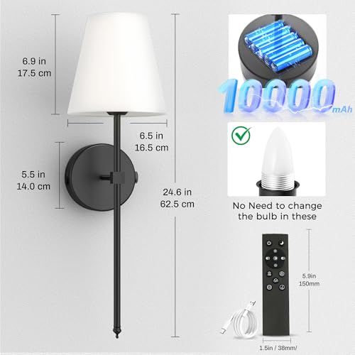 Image of DORESshop Battery Operated Wall Sconce Set of Two, 10000mah Black Rechargeable Wall Sconce with Remote Control, 9 Colors Indoor Wireless Wall Lights for Bedroom Living Room Hallway, Dimmable