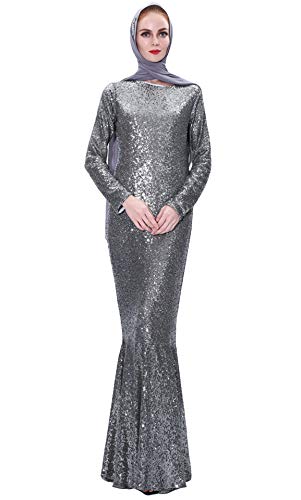 GladThink Damen Muslim Pailletten Fischschwanz Robe Kleid Islamisch Abaya Grau XXL Cover