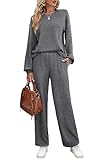 WIHOLL Grey Sweatsuit for Women Casual Long Sleeve Wide Leg Pants Sets Comfy S