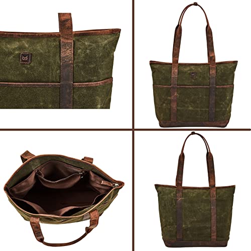 Bolso Tote grande para mujer con cuero y lona encerada miniatura 7