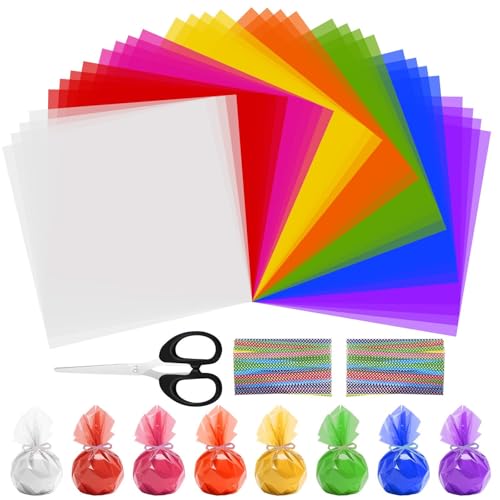 Celepoir 200 Stück Zellophanfolie Bunt, 19x19 cm Cellophanfolie Bunt, 8 Farben Cellophanfolie, Farbig Transparente Geschenk Folie & Twist Krawatten, für Süßigkeiten, DIY, Kunst, Basteln, Dekoration