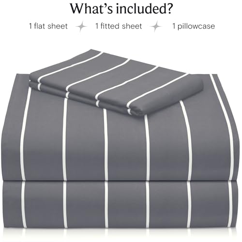 Image of LuxClub Striped Sheets, 3 PC Striped Bed Sheets Twin Size for-Boys-and-Girls-Deep Pockets 18 inch Eco Friendly Wrinkle Free-Kids-Fitted Sheets Machine Washable Hotel Bedding (Twin, Light Grey)