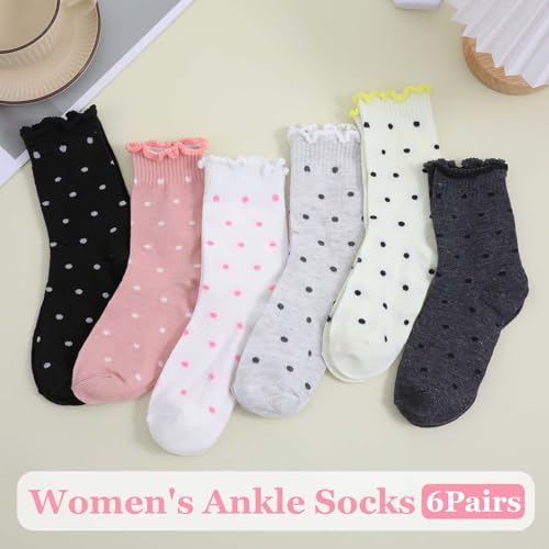 6 Pairs Women's Ruffle Socks, Breathable Ruffle Ankle Sock Soft Crew Socks Cute Polka Dot Cotton Sock for Women4