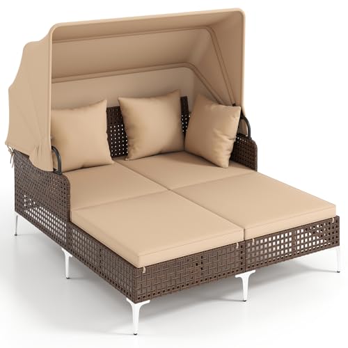 Tangkula Outdoor Rattan Daybed with Canopy