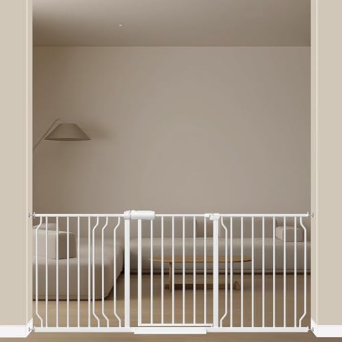 ALLAIBB Extra Wide Pressure Mount Baby Gate Auto Close White Metal Child Dog Pet Safety Gates with Walk Through for Stairs,Doorways,Kitchen and Living Room (62.20-71.26