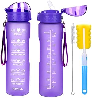 XACIOA 32oz Water Bottle with Straw&Time Markings,Leakproof BPA Free,Ensure You Drink Enough Water Throughout The Day for Fitness and Outdoor Enthusiasts,With Straw and Brush