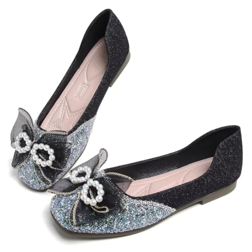 Image of SAILING LU Women's Rhinestone Square Toe Bowknots Ballet Flats Loafers