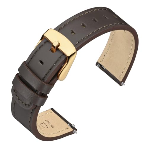Image of ANNEFIT 18mm Watch Band with Gold Buckle, Quick Release Genuine Leather Replacement Strap (Dark Brown /Dark Brown Stitching)