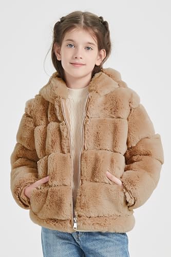 Image of Giolshon Girls Faux Fur Fleece Jacket Sherpa Fuzzy Hoodie Winter Coat with Full Zip Fluffy Outerwear 2169