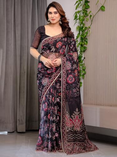 Image of ALMAARI FASHIONWomen's Floral Printed Organza Saree with Unstitched Blouse Piece | Traditional Ethnic Wear Sarees | Soft Lightweight Ethnic Office Wear Daily Wear Indian Sari (ORGANZA 121-130 H)