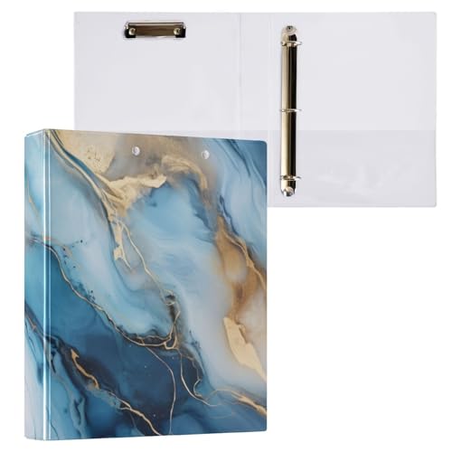 Image of 3 Ring Binder Gold Marble Blue Fluid Marble 1.5 inch Binders Three Ring Binders with Clipboard Fit 8.5'' x 11'' Paper 3 Interior PVC Clear Pockets for Office Supplies