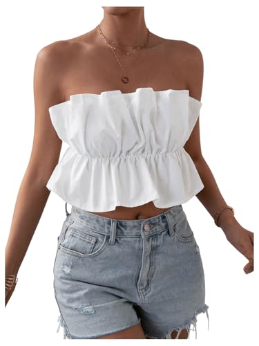 GORGLITTER Women's Strapless Bubble Tube Tops Ruffle Open Back Sleeveless Cute Summer Bandeau Peplum Crop Tops 2025