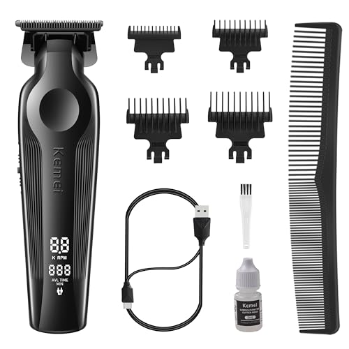 KEMEI Hair Trimmer for Men Zero Gapped Cordless Hair Clippers Beard Trimmer with T Blade Rechargeable Barber Clippers with LED Display Black