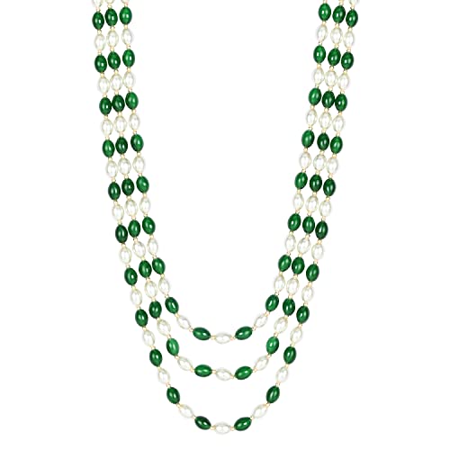 Image of I Jewels 3 Layered Traditional Gold Plated Dulha Green Moti Mala with Beaded Maharaja Haar /Groom Necklace For Men(MLP46)