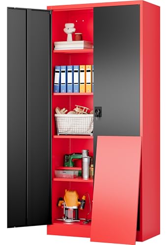 Image of SISESOL Wide & Deep Metal Storage Cabinet with Lock & Adjustable Shelves,72 inch Red Black Garage Storage Cabinet with Locking Doors,Lockable Cabinets for Home,Office,Shop,Garage,Basement 72x36x18