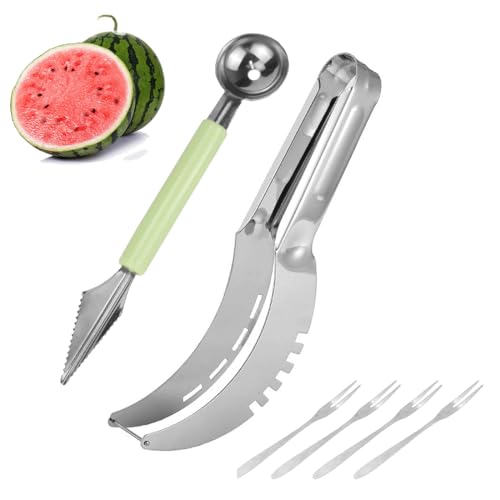 Coupe Pastèque, Sculpture de Coupe Melon Outils, Fruits Cuillère de Melon, 4 pcsfourchette à fruits, couteau à découper la pastèque, cuillère à pastèque, Découpe Pastèque en Acier Inoxydable