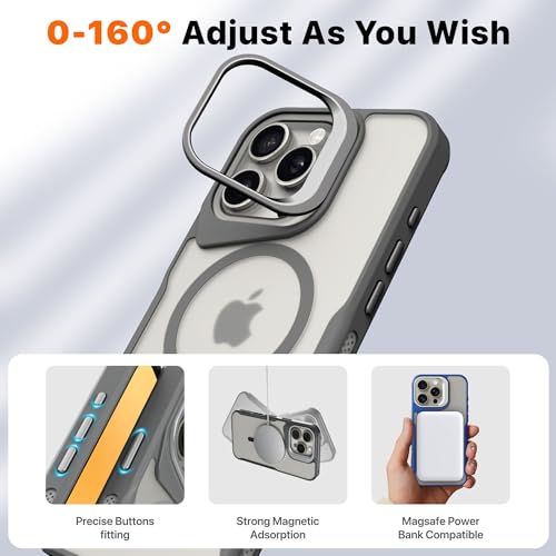 Image of eller sante Roxane Magpro Back Cover Case for iPhone 16 Pro Scratch Resistant Camera Screen Protector TPU Shockproof with Stand Holder Mag-Safe Wireless Charging- Grey