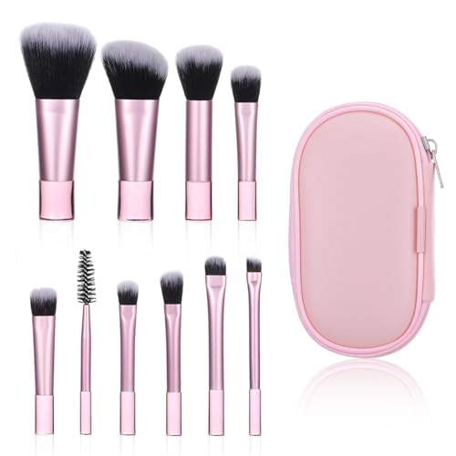 10 Pcs Mini Travel Makeup Brush Set with Blush Powder Eye Shadow, Make Up Brushes for Women, Compact Pink Cosmetic Kit for Beauty Lovers and Beginners