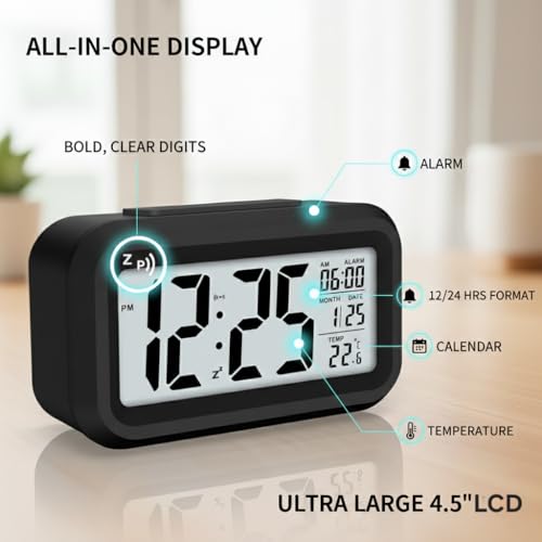 Image of Rorian Digital Alarm Clock - Large LCD Display with Smart Backlight, Indoor Temperature, Date & Calendar, Battery Operated Portable Desktop Clock for Bedroom, Travel, and Office (Black)