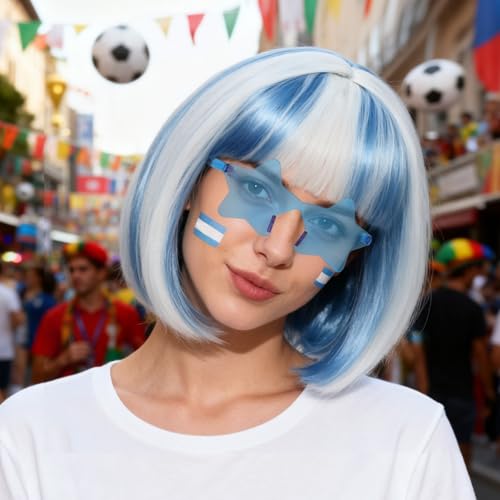 Image of ANOGOL Hair Cap + (Sunglasses) Blue White Bob Wig with Bangs Womens Blue White Party Wigs with Sunglasses Short Neon Wig Fun Wigs Halloween Costume Bachelorette Hair Sports Event St Patrick Day