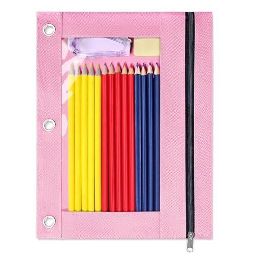 SUNEE Pencil Pouch for 3 Ring Binder Zipper Pencil Pouch with Clear Window 3 Reinforced Grommets Binder Accessories for School and Office Supplies Storage Pink