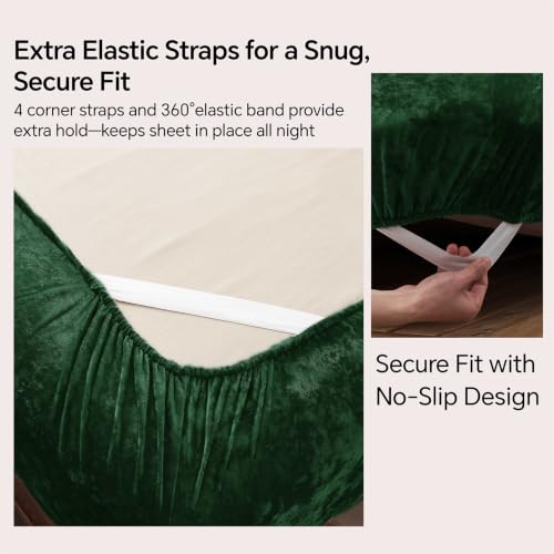 Image of BEDELITE Velvet Fitted Sheet and Pillowcase Set 2Pcs, Twin, Dark Green | Double-Sided Plush Bottom Sheet, Luxuriously Soft & Warm, 360 Elastic & Corner Straps, 15 Inch Deep Pocket, Machine Washable