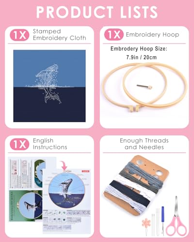 Image of TINDTOP Embroidery Kit for Beginners Adult, Whale Embroidery Practice Kit | Include Embroidery Cloth Hoops Threads for Craft Lover Hand Stitch with Embroidery Skill Techniques