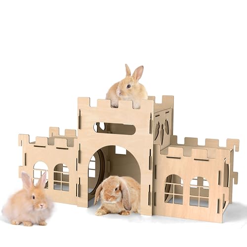 HIIMALEX Cachette de château de Lapin Extra Large pour l'intérieur - Balcon divisé pour Lapins - Tour d'escalade avec Tunnel - Maison Stable pour Lapins,...