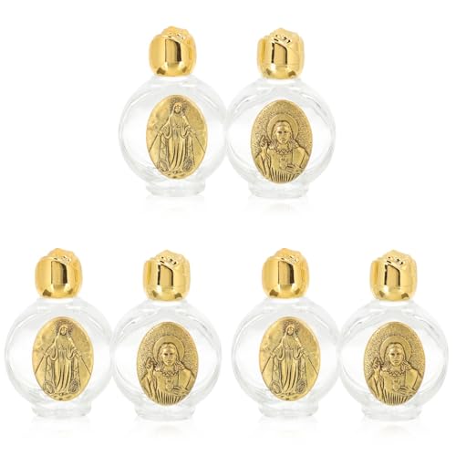Amosfun 6pcs Glass Holy Water Bottles with Gold-Toned Cap, Holy Family Bottle - Travel, Social Events, Religious, Leak Proof, Reusable, Golden, Chrome Finish