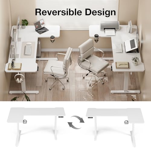 Image of Acrolix L Shaped Electric Standing Desk - 59x40 Inch Reversible Corner Sit Stand Desk with Hook&Cup Holder,Electric Height Adjustable Table,for Home Office Gaming Computer Desk, White