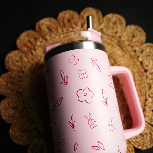 Image of 1200ML Stainless Steel Tumbler Hot and Cold with Handle and Lid and 2 Straws, Double Insulated Cup Leak Proof Mug Cupholder for Gym, Travelling (Pink Floral)