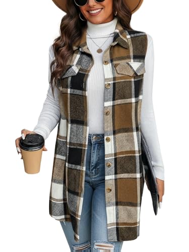 Mina Self 2025 Women's Fall Flannel Plaid Vest Tops - Sleeveless Long Single Breasted Casual Fashion Jackets with Pockets