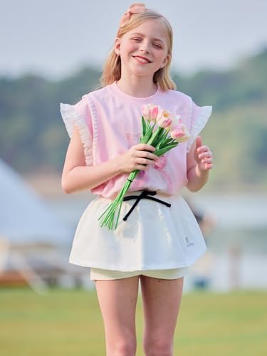 Girls Ruffle Sleeve Shirts Summer Crewneck Casual T Shirts Cat Cute Top for Girl 6-16 Years4