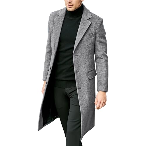 Men's Fall Winter Wool Coat Notched Collar Single Breasted Pea Coat Slim Fit Business Pea Suit Jacket