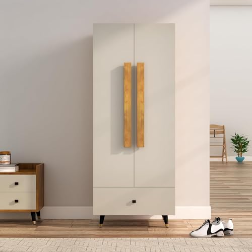 Image of Bniture Wooden Almirah for Clothes, Door for Bedroom, 2 Door Wardrobe with Drawer & Hanging Space (45D x 60W x 150H CM) | 3 Year Warranty (Giant Wood & Frosty White)