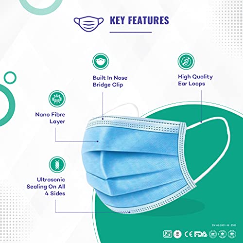 Image of 3 Ply Disposable Cotton Face Masks (Pack of 1000, Blue) for Unisex with Nose Pin BIS, (ISI) Certified Mask with Melt Blown Layer