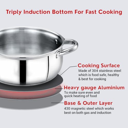 Image of Avias INOX IB Belly Stainless Steel Cookpot with Glass Lid, Triply Induction Bottom, Multi Purpose Cooking Pot, Gas & Induction Compatible, Durable & Long Lasting 14cm
