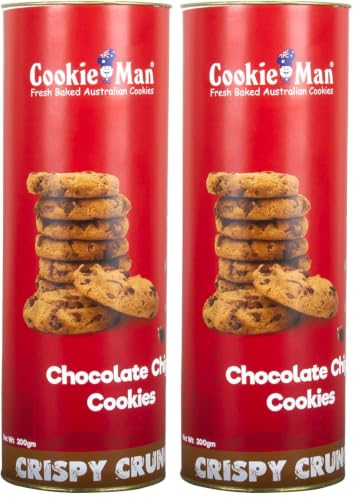 Image of CookieMan Choco Chip Cookies - 200g Canister | Indulgent Chocolate Chip Flavour | Premium Freshly Baked Crunchy Australian Cookies | Perfect for Snacking, Sharing & Gifting (Pack of 2)