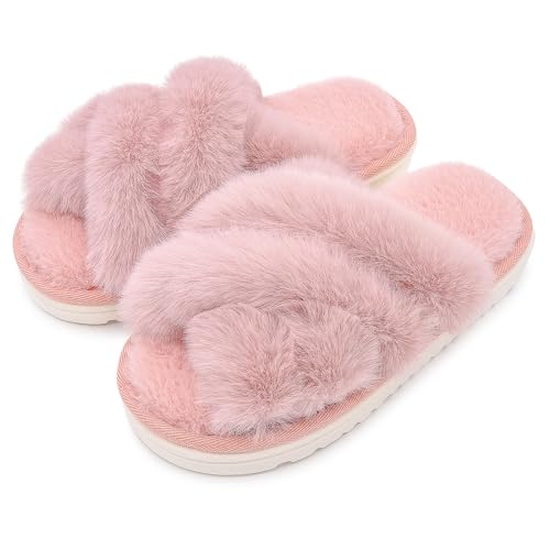 Women's Fuzzy Slippers Open Toe Plush House Shoes Soft Indoor Cozy Slide Sandals with Faux Fur Comfortable Warm Home Slides