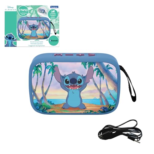 LEXIBOOK, Disney Stitch, Altavoz Bluetooth portátil, inalámbrico, USB-C, Tarjeta SD/TF, batería Recargable, Azul, BT018D