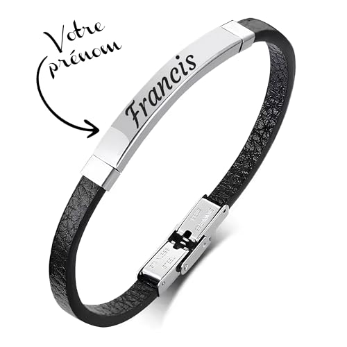 Bracelet Homme Personnalisable KDO MAGIC - Double Bracelet Cuir Avec Plaque Gravée