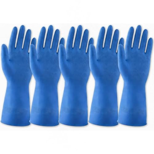 Image of LADWA Premium Rubber Cleaning Gloves, Blue Color Reusable Waterproof Gloves for Kitchen Cleaning, Dishwashing, Gardening and Bathroom Use with Anti-Slip Grip (Pack of 5 Pairs)