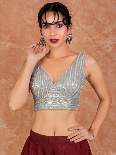 Image of FIGURE'S DESIGNER Women's Sequin Embroidered SabyaSachi Cut Sweetheart V Neck Sleeveless Readymade Saree Blouse E30