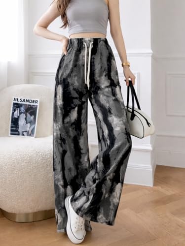 Image of Celary Women's Printed Palazzo Pants - Silk Blend High Waist Wide Leg Trousers | Elastic Waist Relaxed Fit Casual Flowy Pants for Travel, College, Office