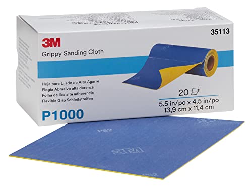 3M Grippy Sanding Cloth, 139 mm x 114 mm, P1000, 35113, 20 Sheets per Roll, Blue, 139mm x 114mm